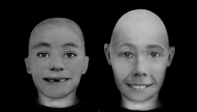 Komputerowa rekonstrukcja twarzy chłopców. Z lewej Europejczyk, z prawej Hun (ze zdeformowaną czaszką)