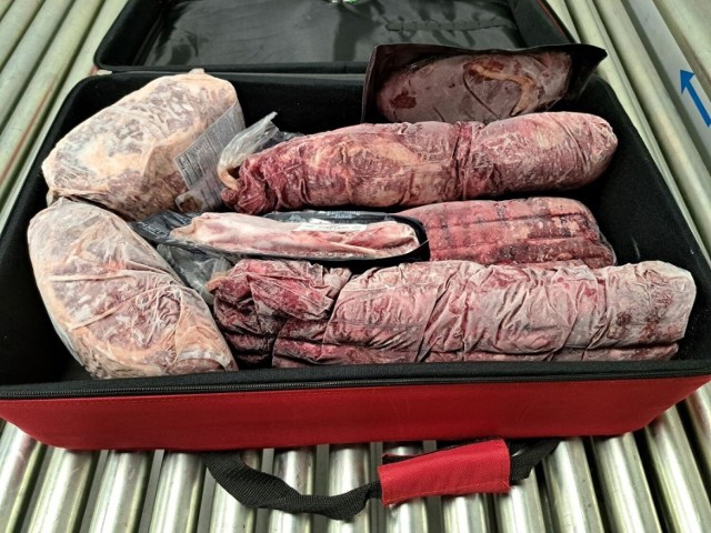 Podróżny z USA chciał wwieźć do Polski walizkę wypełnioną mięsem.