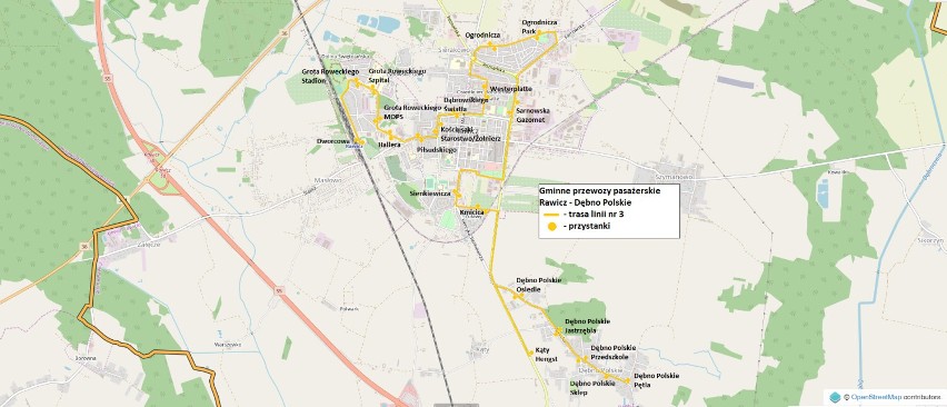 Mapa przejazdu autobusów Rawicz - Dębno Polskie
