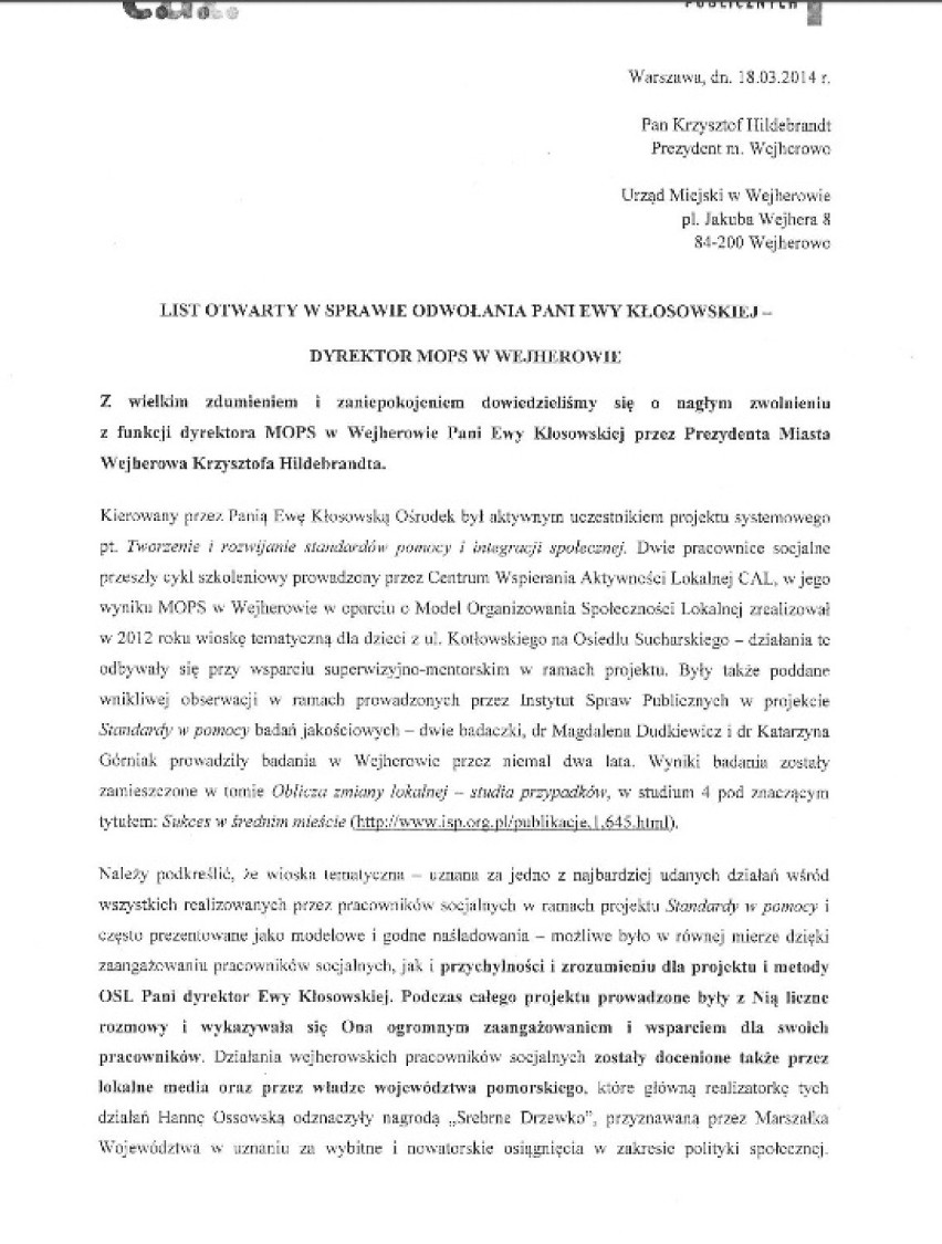 List w obronie zwolnionej dyrektor MOPS Wejherowo