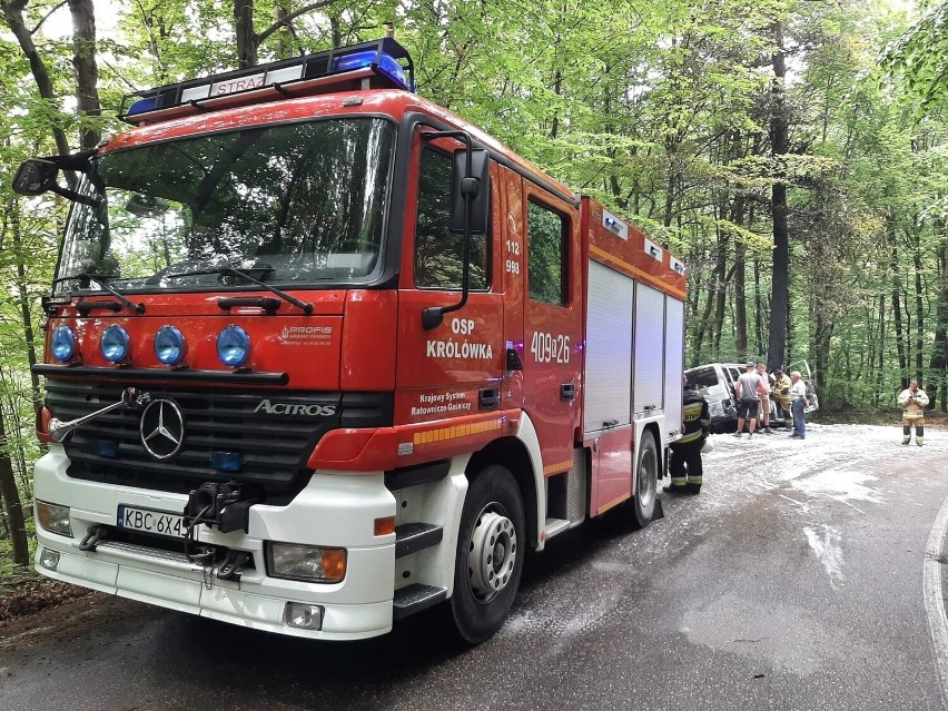 Wypadek w Muchówce, na drodze prowadzącej przez las samochód...