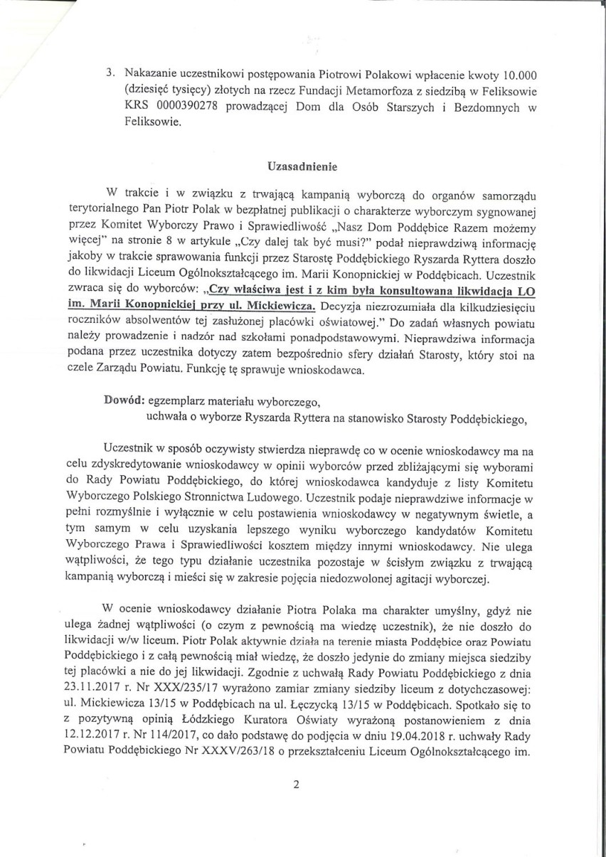 Wybory Samorządowe 2018. Starosta poddębicki w trybie wyborczym oskarża posła PiS o kłamstwo. W piątek sąd rozpatrzy protest