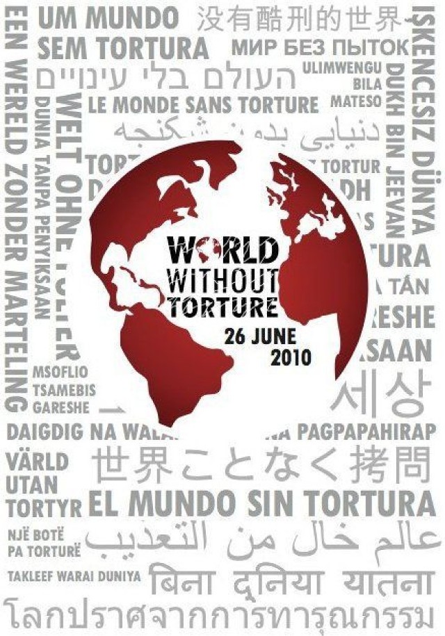 Plakat akcji World Without Torture (Świat bez Tortur)