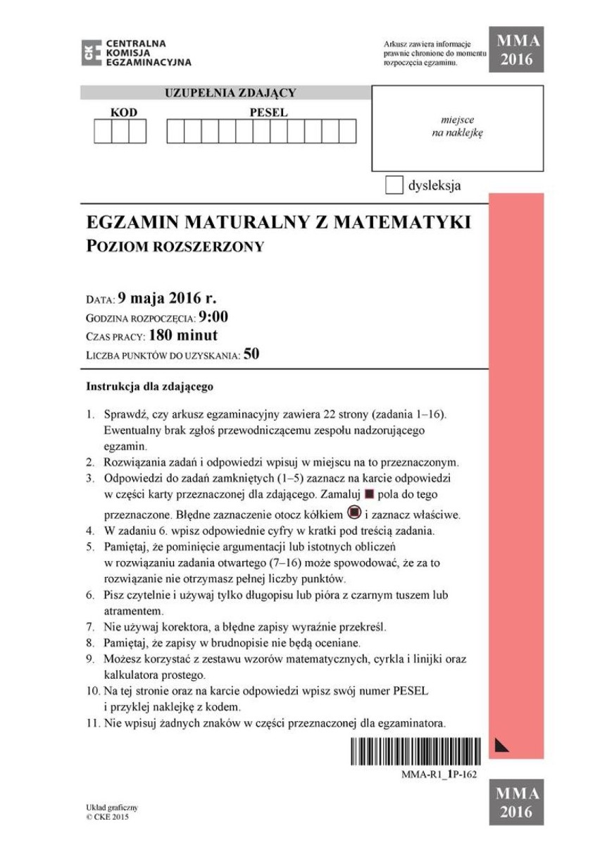 Matura 2016: Matematyka rozszerzona. Arkusze i zadania