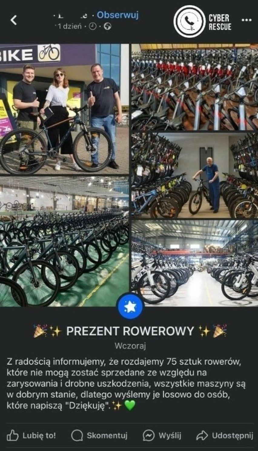 Fałszywy konkurs na Facebooku! Oferując darmowy rower, kradną nasze dane!