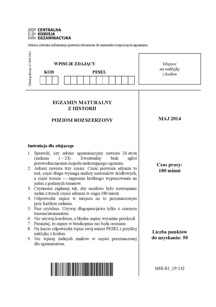 Matura 2014. Egzamin z historii poziom rozszerzony