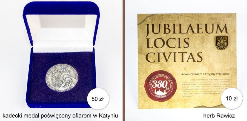 Kadecki medal poświęcony ofiarom w Katyniu oraz przypinka z herbem Rawicza