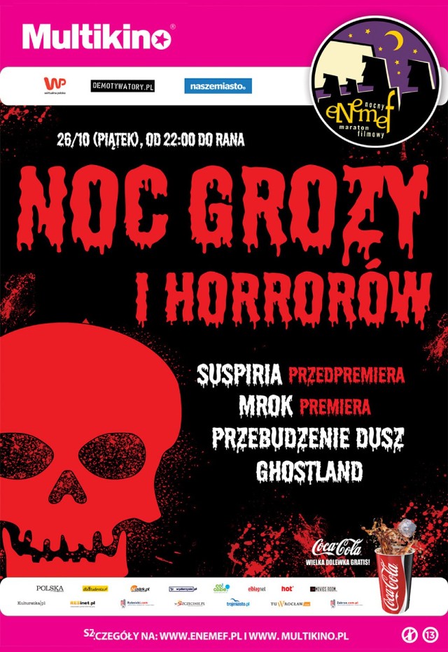 ENEMEF: Noc Grozy i Horrorów. 26 października w kinach coroczna Noc Grozy i Horrorów, tym razem z przedpremierową Suspirią i premierowym Mrokiem. Ponadto w repertuarze Ghostland i Przebudzenie dusz.