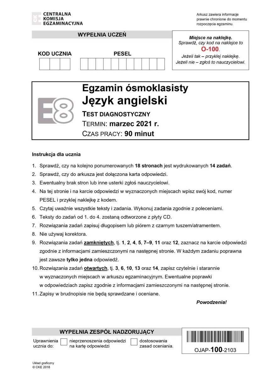 Póbny egzamin ósmoklasisty 2021 angielski - ODPOWIEDZI...