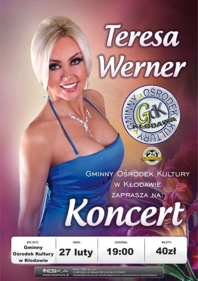 Koncert Teresy Werner
27 luty 2015
godz. 19.00
cena biletu - 40 zł.