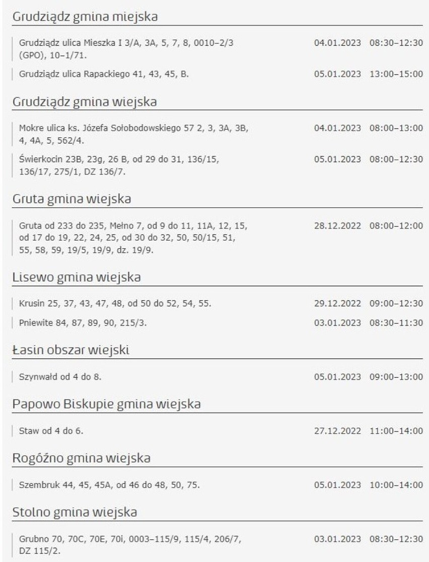 Tu nie będzie prądu w Kujawsko-Pomorskiem [miasta, gminy - 31.12.2022]