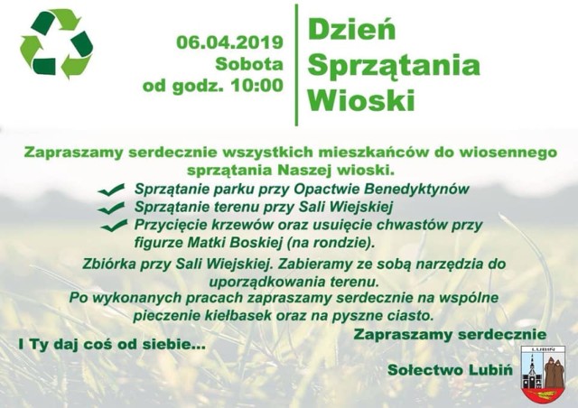 Wielkie sprzątanie sołectwa Lubiń już w sobotę 6 kwietnia