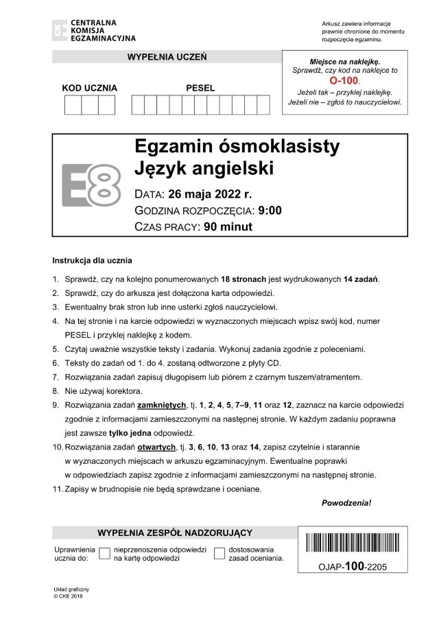 Egzamin ósmoklasisty 2022 z języka angielskiego - arkusz CKE