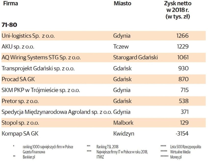 Pomorskie firmy według zysków netto w 2018 roku