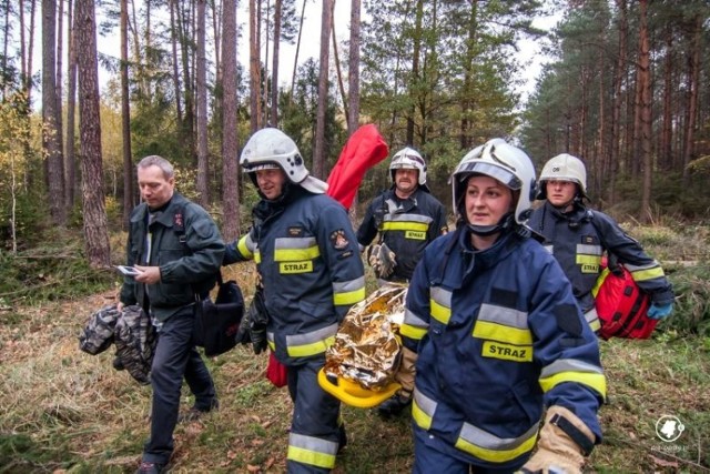 Prawie 60 strażaków zawodowych i ochotników ćwiczyło w lasach w okolicy Kup ratowanie ofiar wichur.