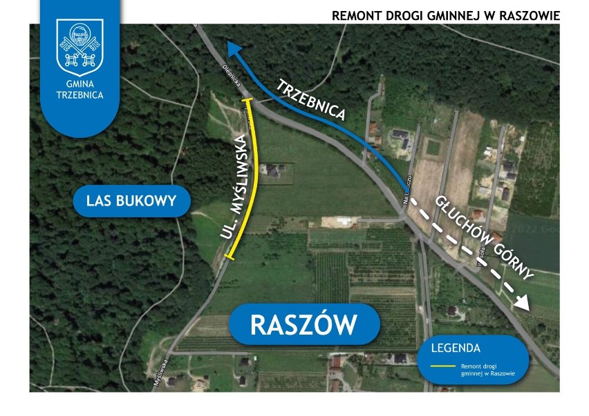 Mapka poglądowa ukazująca odcinek ul. Myśliwskiej, który...