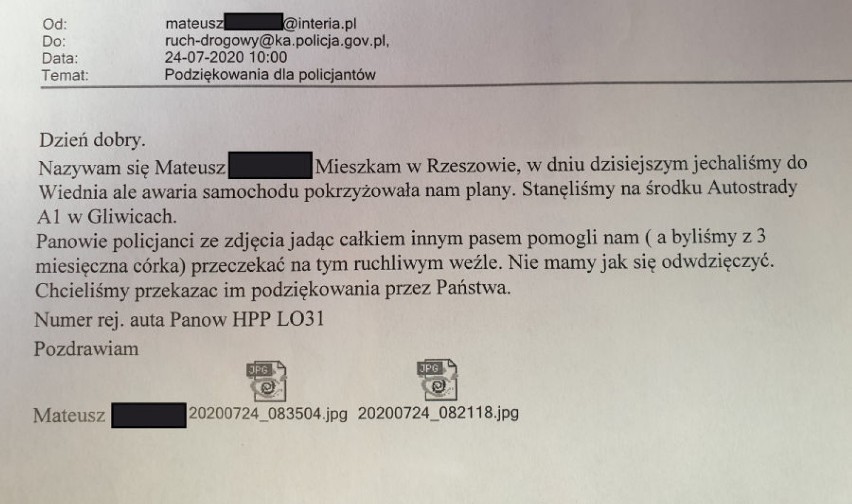 Lublinieccy policjanci pomogli rodzinie, która miała problemy na autostradzie A1. Teraz funkcjonariusze otrzymali podziękowania