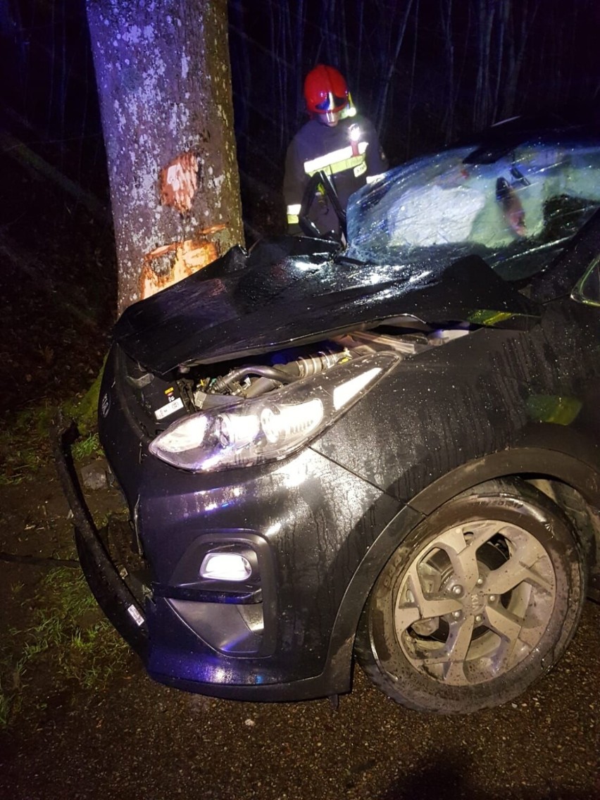 Auto roztrzaskało się na drzewie na drodze koło Barwic [zdjęcia]