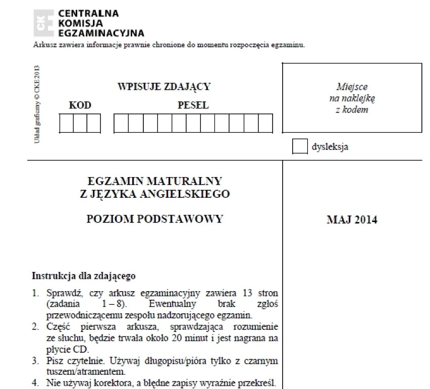 MATURA 2014 JĘZYK ANGIELSKI, POZIOM PODSTAWOWY, ODPOWIEDZI