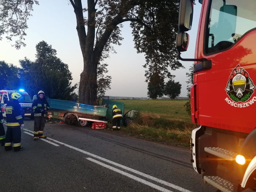 Wypadek w Gołębiewku 23.09.2020 Samochód dostawczy wbił się w drzewo, kierowca zakleszczony. Znane są wstępne przyczyny |ZDJĘCIA