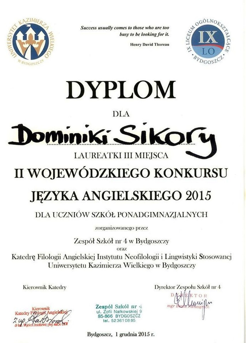 Dyplom dla Moniki Sikory.