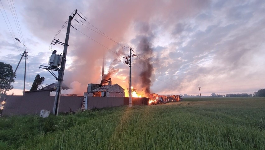 Ogromny pożar zakładu stolarskiego w Łubnej w gminie Czersk. Droga z Czerska do Odrów zamknięta | ZDJĘCIA