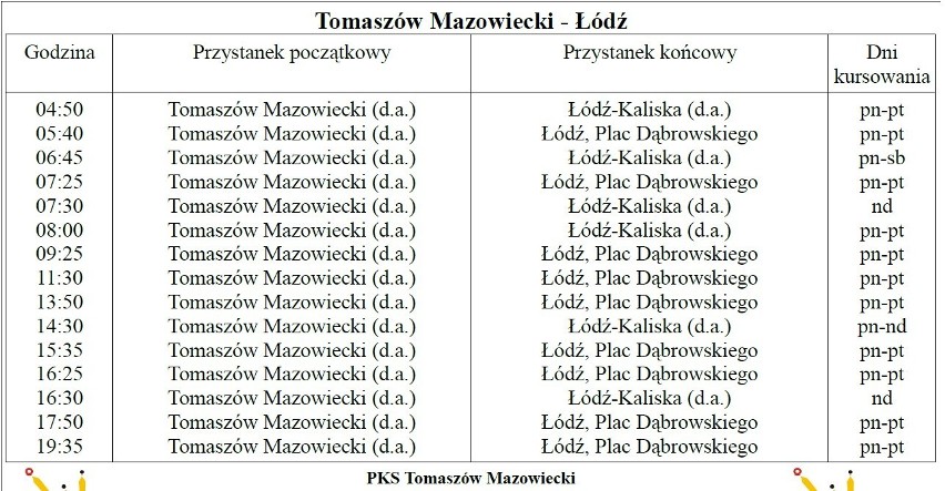 Rozkład jazdy Tomaszów Łódź