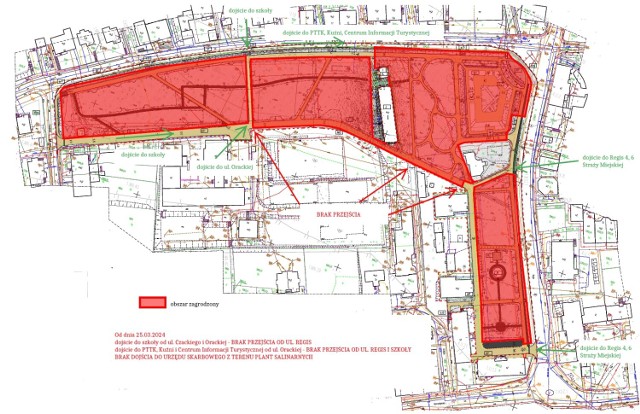 Na czerwono zaznaczono obszar wyłączony z użytkowania dla pieszych. Na zielono zaznaczono możliwe dojścia do różnych instytucji