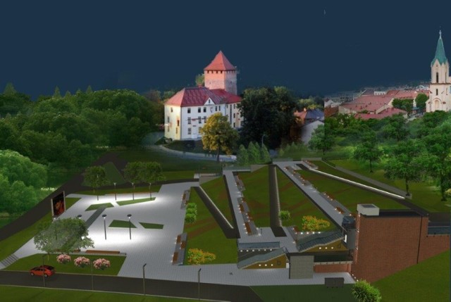 Wizualizacja nowego zagospodarowania terenu bulwarów w Oświęcimiu wraz podziemnym parkingiem, do którego wjazd ma być w sąsiedztwie Zakładu Salezjańskiego