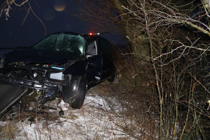 W Gołębiewie samochód uderzył w drzewo. Jedna osoba trafiła do szpitala [zdjęcia]