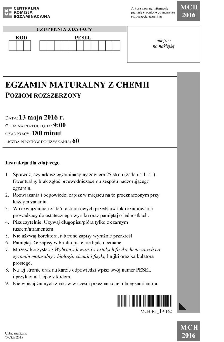 Matura 2016: Chemia. Poziom podstawowy i rozszerzony [arkusze pdf, ODPOWIEDZI]