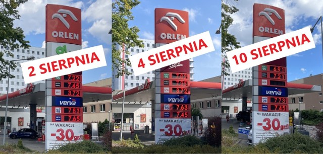 Ceny paliw na stacji na warszawskim Mokotowie 2, 4 i 10 sierpnia
