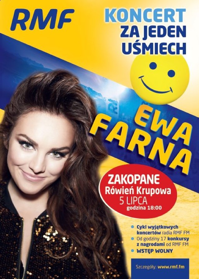 Przyjdźcie 5 lipca na Dolną Rówień Krupową na koncert radia RMF FM "Za jeden uśmiech". Od godziny 17:00 odbywać się będzie „rozgrzewka”, czyli konkursy z nagrodami od RMF FM, a o godz. 18:00 zaśpiewa Ewa Farna! 
Wstęp wolny!