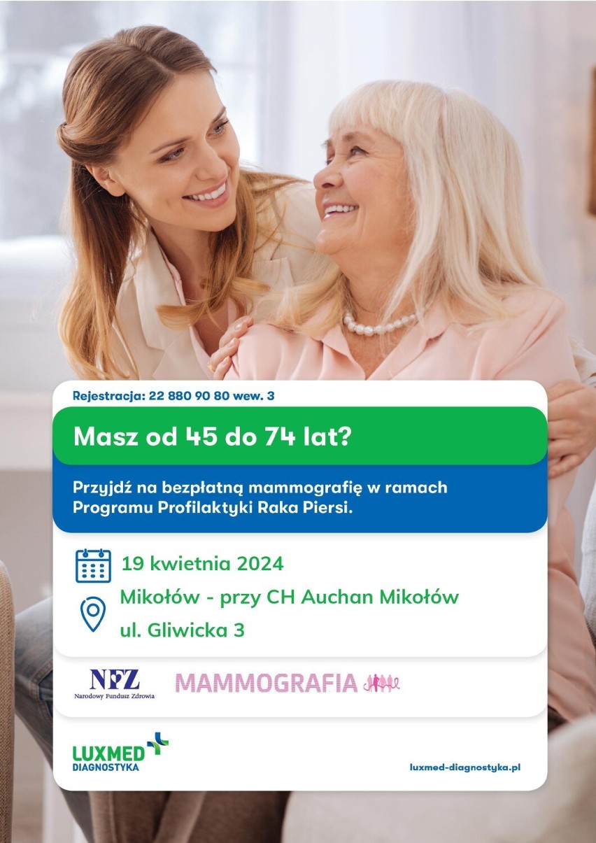 Bezpłatna mammografia w Mikołowie! Przyjdź do mobilnej pracowni w ramach Programu Profilaktyki Raka Piersi. Zobacz szczegóły 