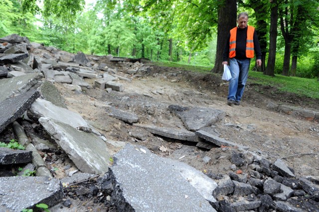 Z części alejek parkowych zdjęta jest już nawierzchnia. 
-&nbsp;Równolegle porządkowana jest zieleń. Wykonawca tej części inwestycji podzielił park na 30 sektorów, obecnie trwają prace w pięciu z nich, położonych na  obrzeżach ogrodu. Odbiór tych prac jest planowany na 16 maja - uzupełnia Kieliszek  i dodaje, że nasadzenia nowych drzew i krzewów są planowane w przyszłym roku. Wtedy też zostanie wymieniona wierzchnia warstwa gruntu. Z wejściem do parku czeka firma Sprint. Ma zainstalować 19 kamer monitoringu wizyjnego.