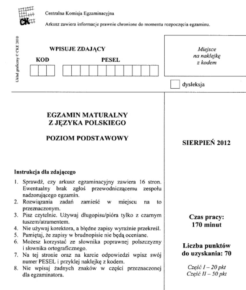 Matura poprawkowa z języka polskiego 2012 - arkusz