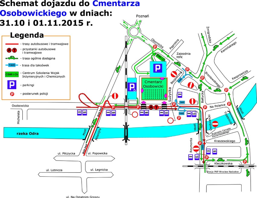 Wszystkich Świętych - parkingi i dojazd do cmentarzy we Wrocławiu (MAPY)