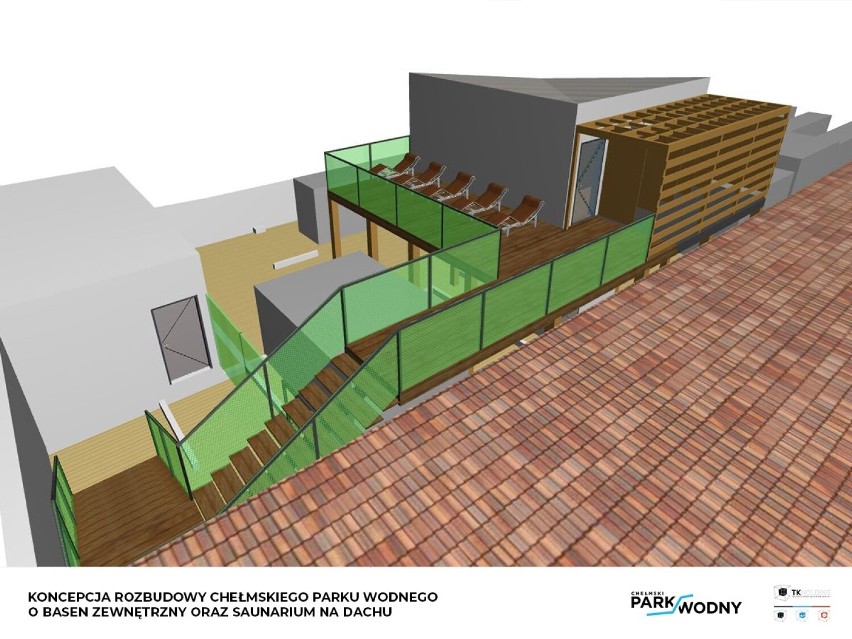Chcą stworzyć basen i saunę zewnętrzną z tarasem na dachu w Chełmskim Parku Wodnym. Zobacz wizualizację