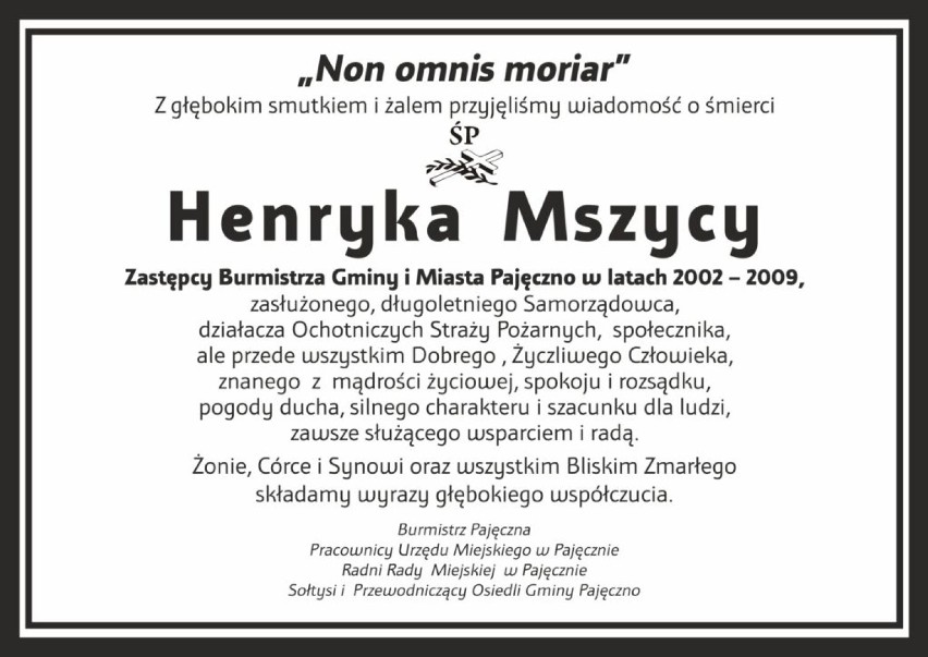 Zmarł Henryk Mszyca. Był wójtem gminy Strzelce Wielkie, wiceburmistrzem Pajęczna i przewodniczącym Rady Powiatu