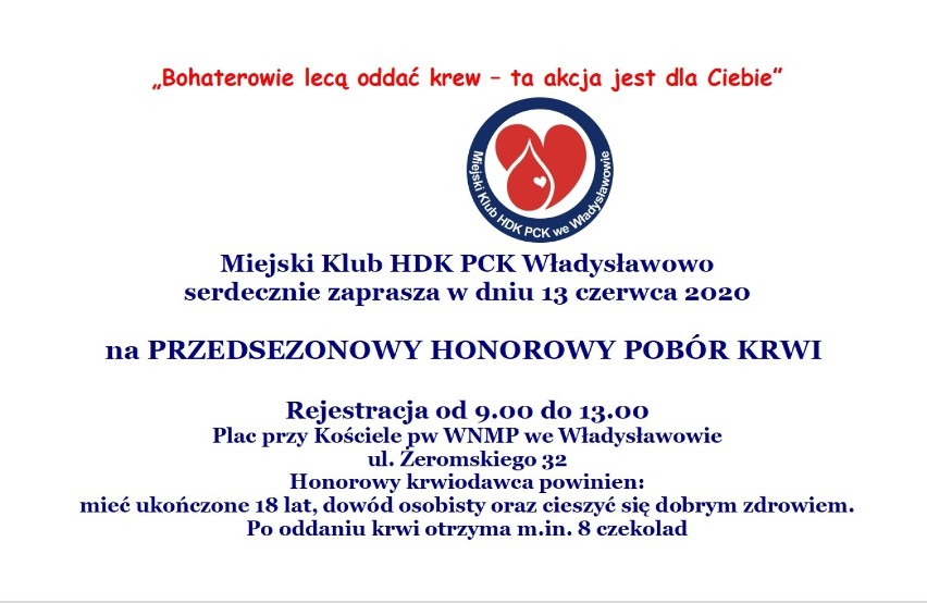 Już jutro: przedsezonowy pobór krwi w kościele pw. WNMP we Władysławowie. Na zbiórkę zaprasza Miejski Klub HDK PCK Władysławowo