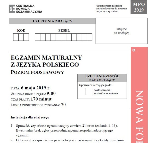 Matura 2019. JĘZYK POLSKI poziom podstawowy 6.05.2019 - odpowiedzi i arkusz CKE. Matura z języka polskiego (podstawa) - pytania, odpowiedzi