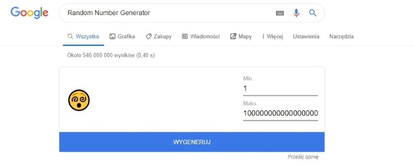 Wpisanie "Random Number Generator" w Google pozwoli nam...