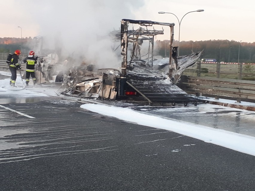 Ciężarówka przewożąca konie spłonęła na autostradzie A1 w Nowych Marzach [zdjęcia]