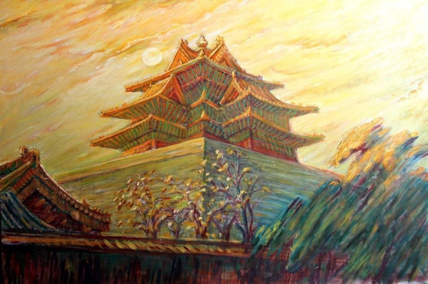 Pejzaż namalowany przez chińskiego malarza prof LI Kecai