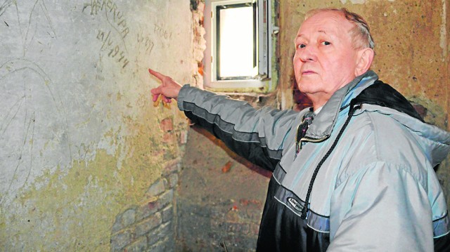 Antoni Guśtak pokazuje  napisy więźniów na murach piwnicy w kamienicy przy ul. Urszulańskiej 20