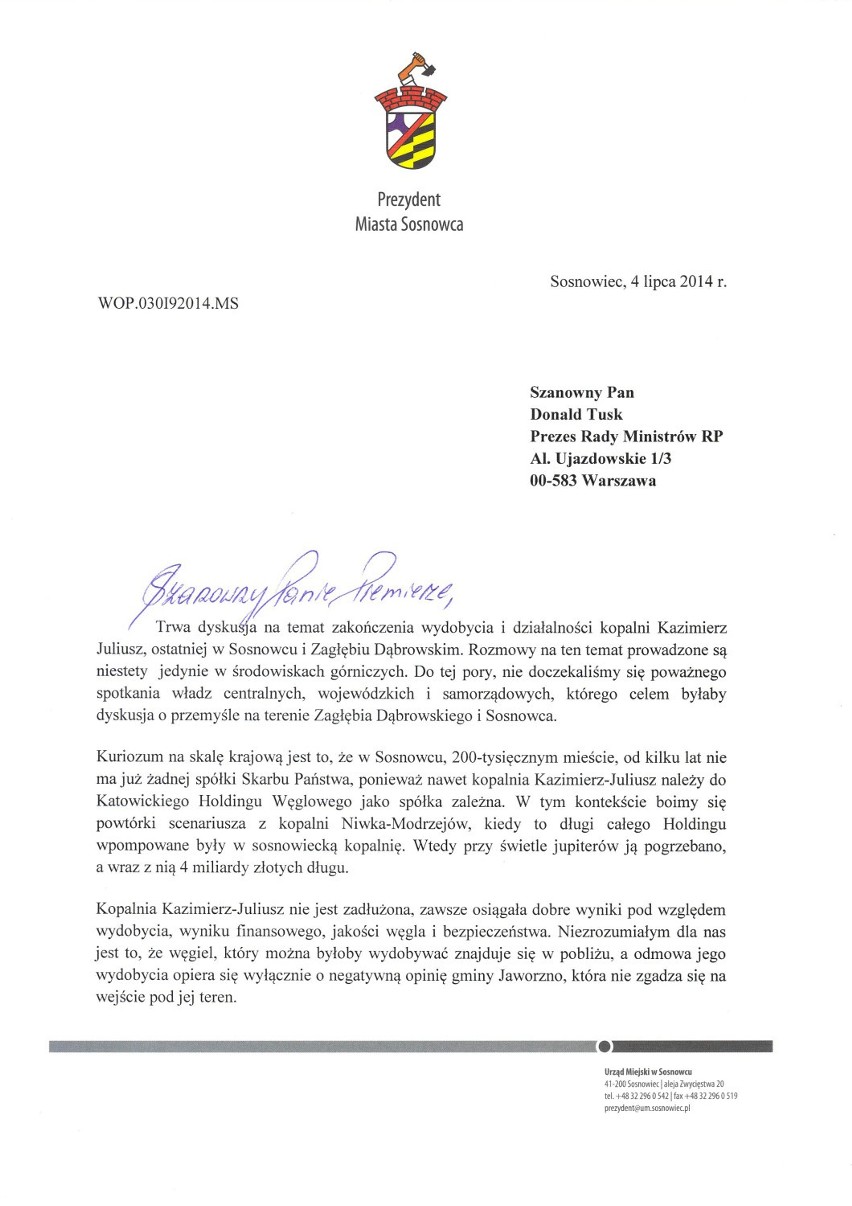 Kazimierz-Juliusz. Sosnowiec napisał list do premiera
