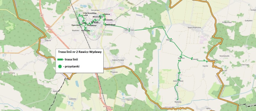 Mapa przejazdu autobusów Rawicz - Wydawy