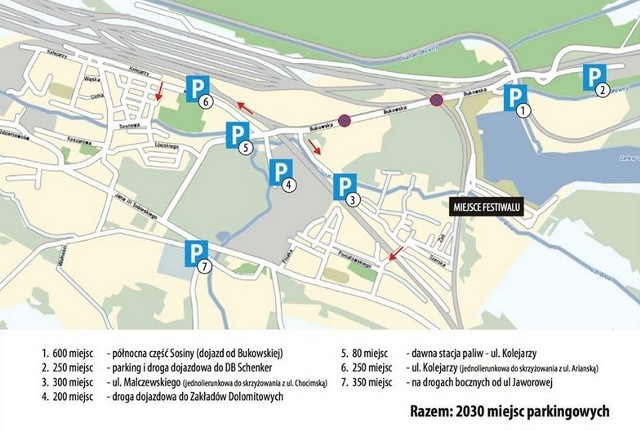 Organizatorzy przygotowali 2030 miejsc parkingowych. W sumie dla festiwalowiczów dostępnych będzie siedem parkingów. 

1. 600 miejsc - północna część Sosiny (dojazd od Bukowskiej)
2. 250 miejsc - parking i droga dojazdowa do DB Schenker
3. 300 miejsc - ul. Malczewskiego (jednokierunkowa do skrzyżowania z ul. Chocimską)
4. 200 miejsc - droga dojazdowa do Zakładów Dolomitowych
5. 80 miejsc - dawna stacja paliw - ul. Kolejarzy
6. 250 miejsc - ul. Kolejarzy (jednokierunkowa do skrzyżowania z ul. Arianską)
7. 350 miejsc - na drogach bocznych od ul. Jaworowej

Festiwal Energii 2013. Gdzie zaparkować?