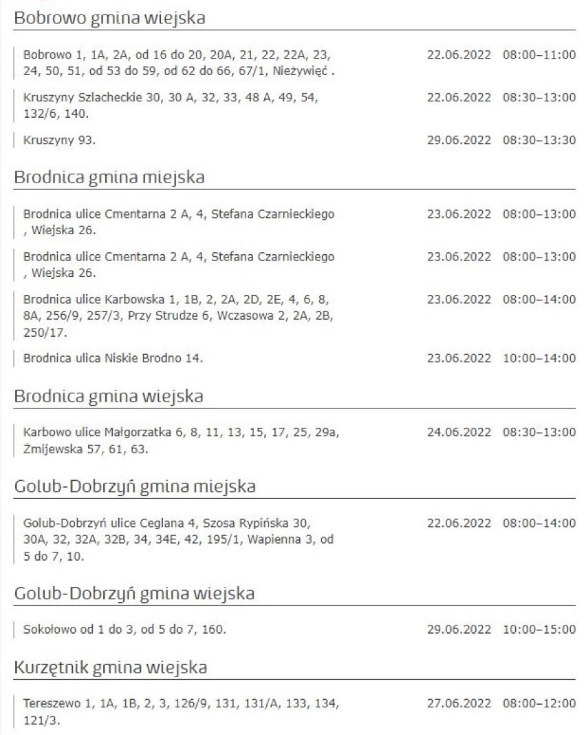 Tu nie będzie prądu w Kujawsko-Pomorskiem [miasta, gminy - 25.06.2022]