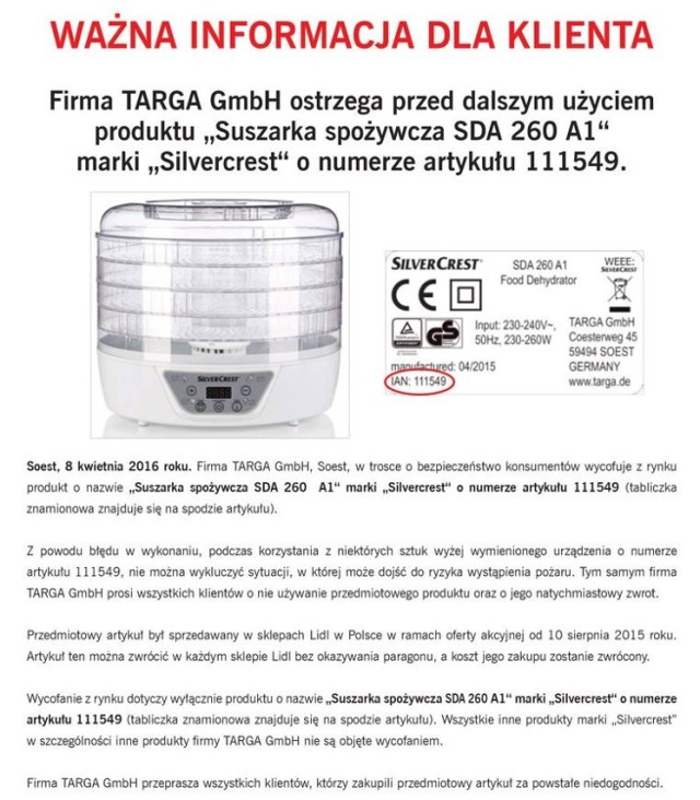 Lidl opublikowała z tego powodu oficjalny komunikat do swoich klientów, w którym prosi o zwrot wadliwego urządzenia.